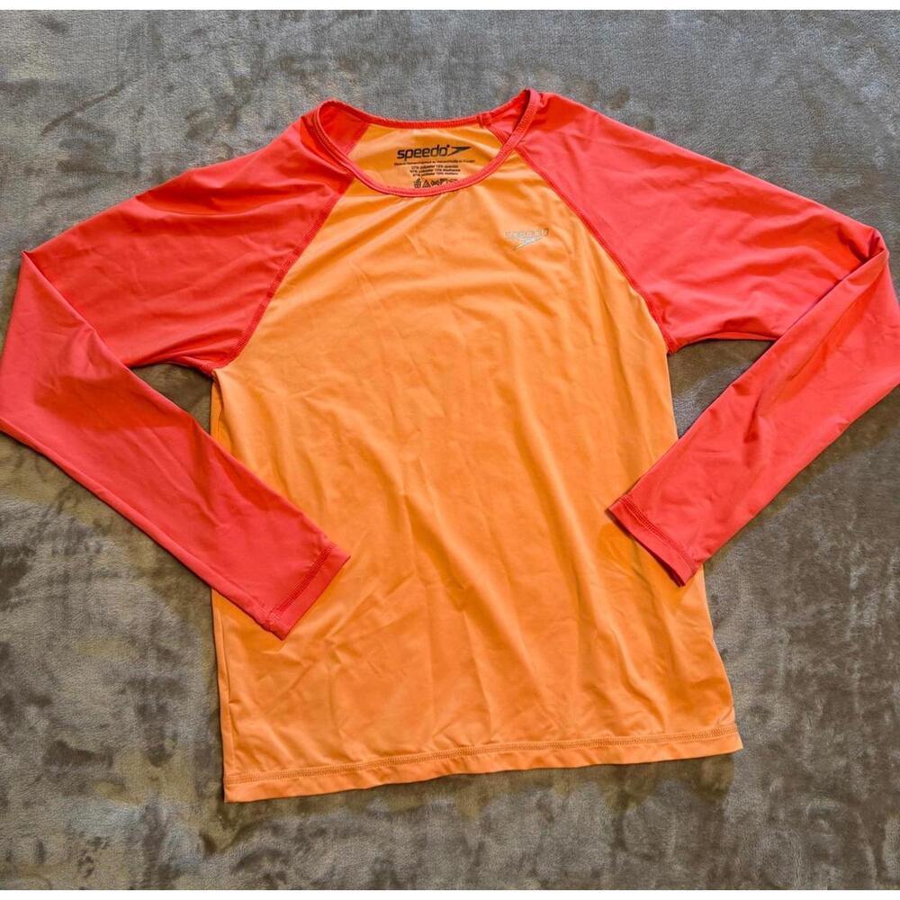 Speedo Girl's UV Long Sleeve Orange & Pink Swim Shirt Size Large Block The Burn